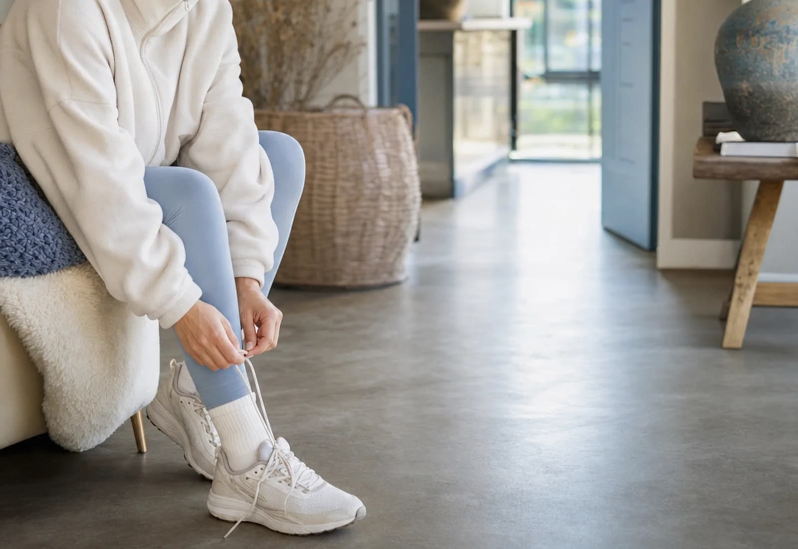 Vrouw maakt zich klaar voor een wandeling in een licht, warm huis
