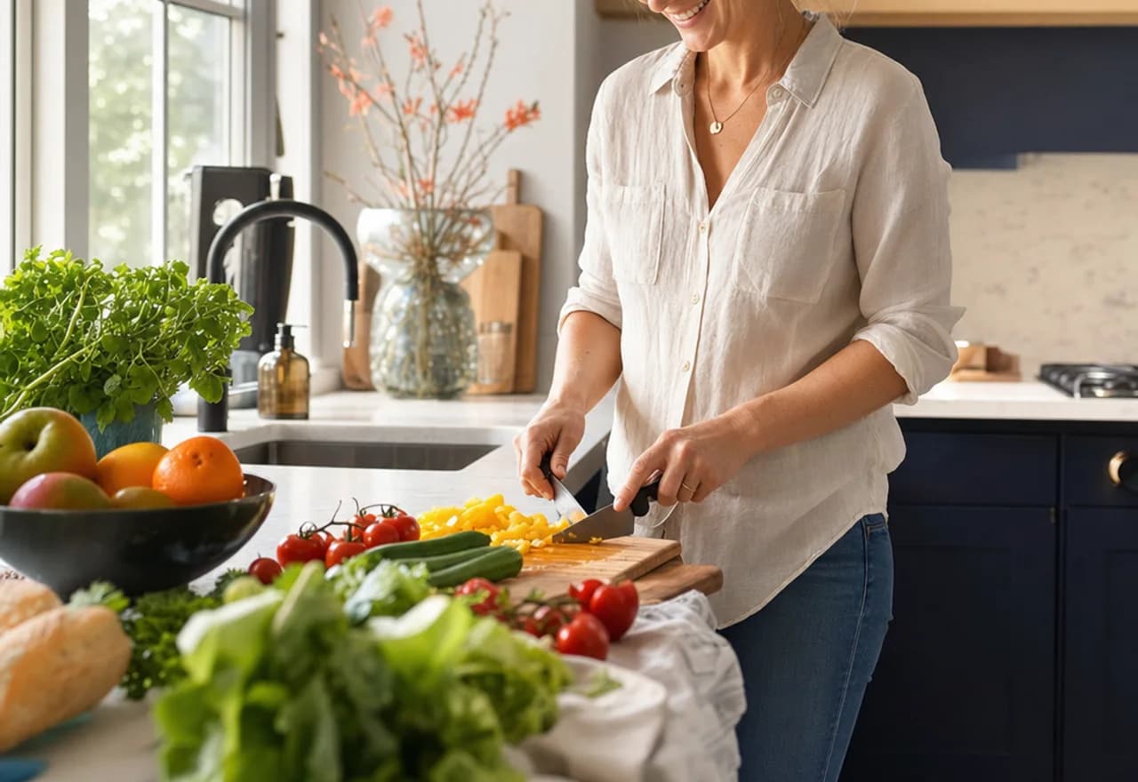 Vrouw bereidt een verse, gezonde maaltijd in een lichte keuken