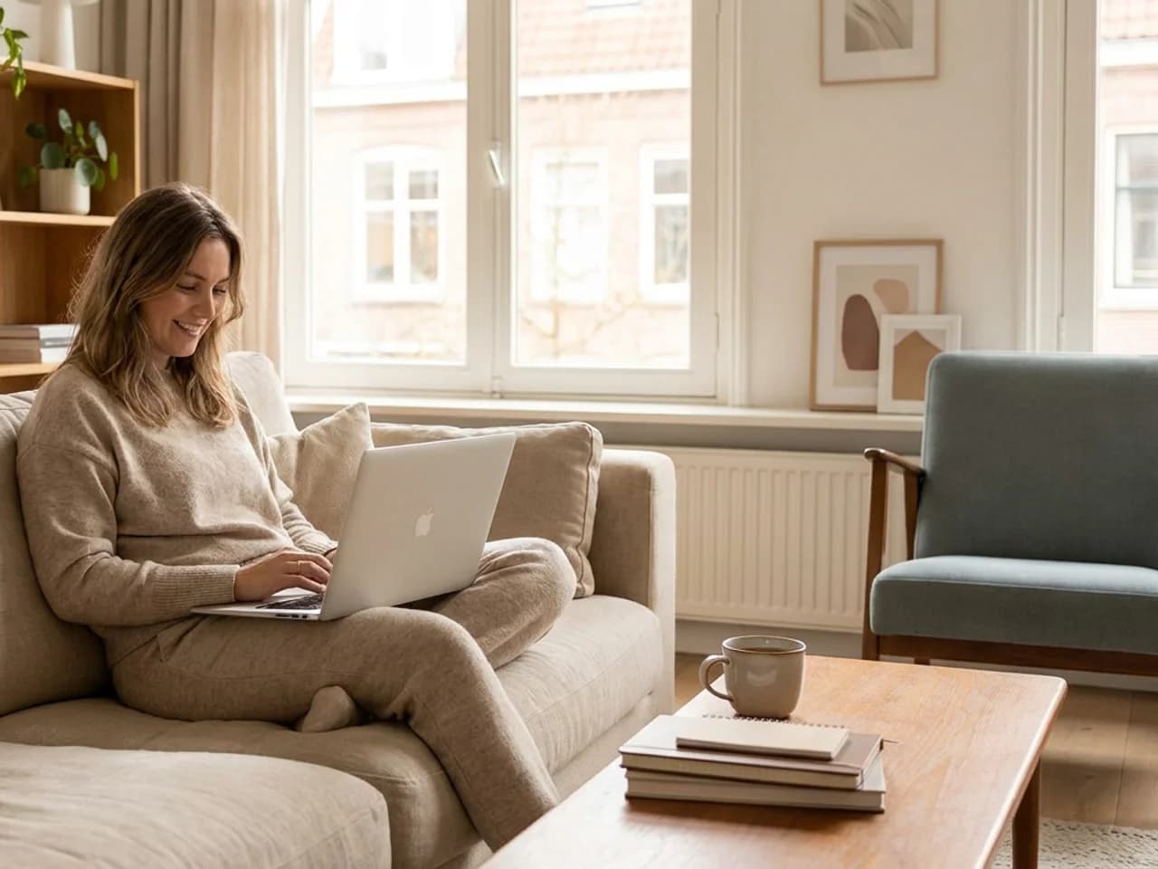 Vrouw start ontspannen de online intake vanaf de bank thuis