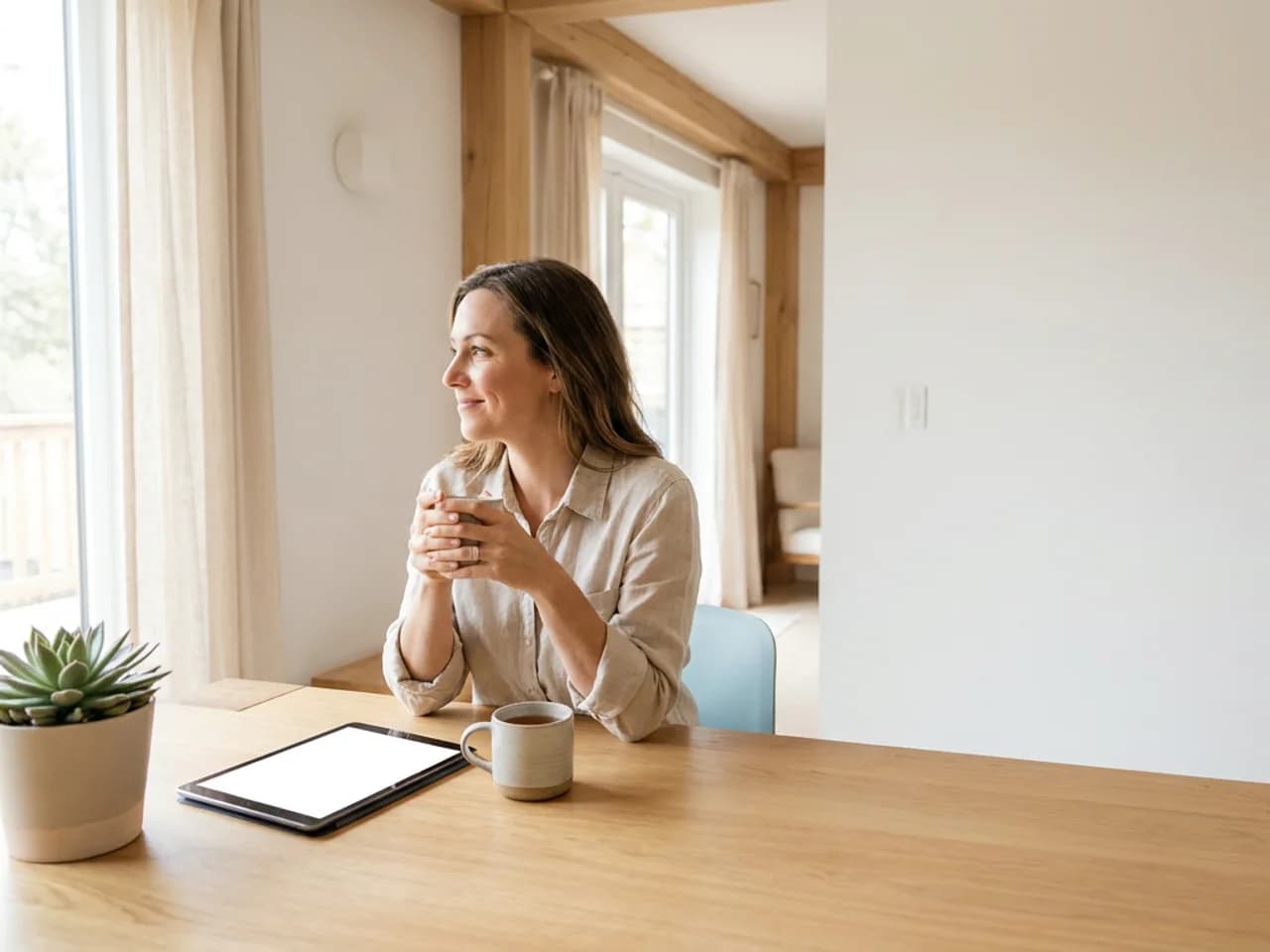 Vrouw drinkt rustig thee aan tafel in een licht Nederlands huis