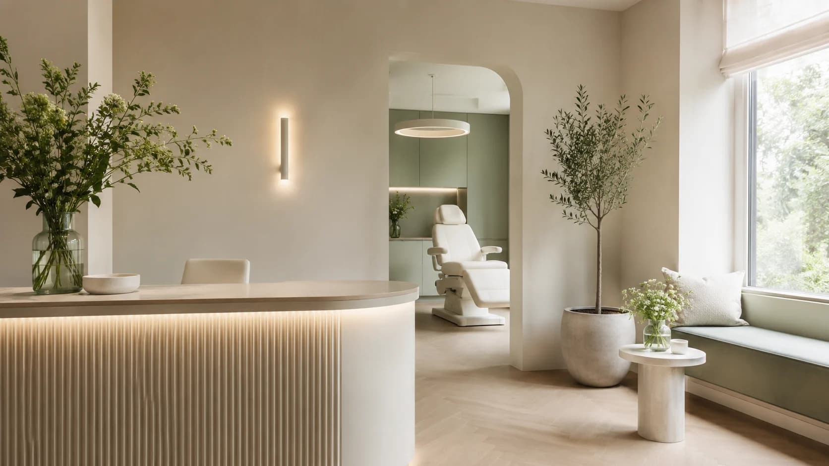 Rustig, modern interieur van de kliniek met warme, natuurlijke tinten