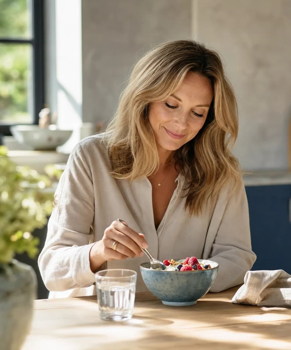 Vrouw geniet rustig van een gezond ontbijt met yoghurt en fruit aan de keukentafel